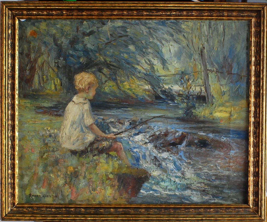Robert Hamilton (1877 – 1954) “Fisherboy”: Robert Hamilton (1877 – 1954) “Fisherboy Oil on canvas 16” x 20”, wooden frame 18 ½’ x 22 ½”. Signed lower right. Provenance: private collection, has a sticker of the first owner and the