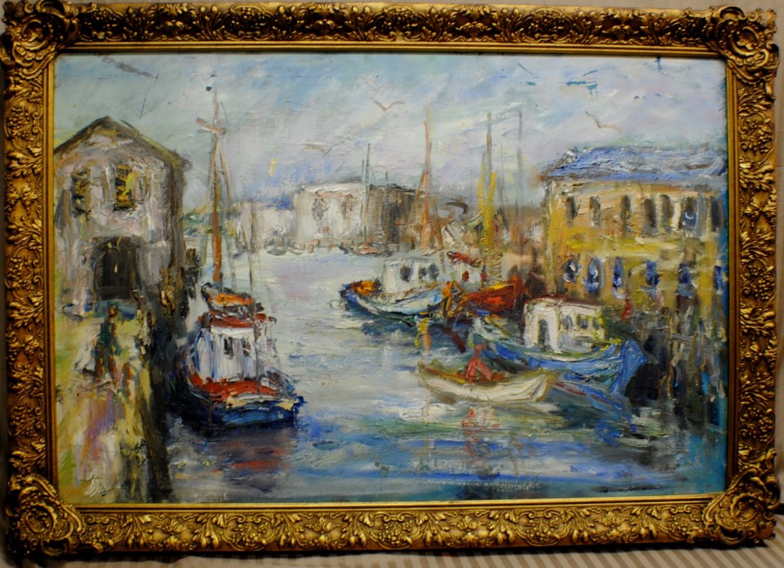 David Pallock (1906 – 1977) Harbor Scene: David Pallock (1906 – 1977) Harbor Scene oil on canvas 24” x 36”, frame 28 1/2” x 40 ½””. Signed lower right (not clear). One year gallery authenticity warranty