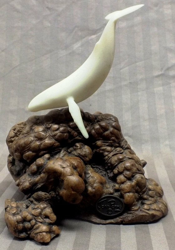 John Perry Dolphin sculpture on burl wood base: John Perry Dolphin sculpture on burl wood base, 6” tall, signed