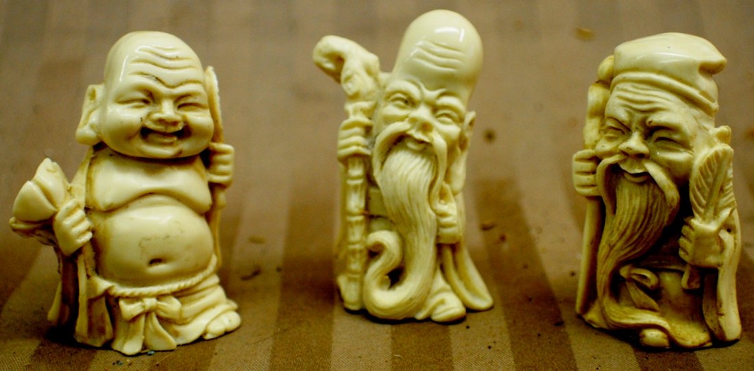 3 Japanese netsuke style miniature figures: 3 Japanese netsuke style miniature figures, 2 ¼” tall