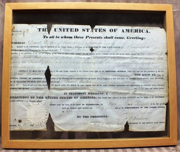 President Andrew Jackson 1834 signed original docu: President Andrew Jackson signed original document, Deed to Daniel Walker, August 5, 1834. Framed between 2 glasses