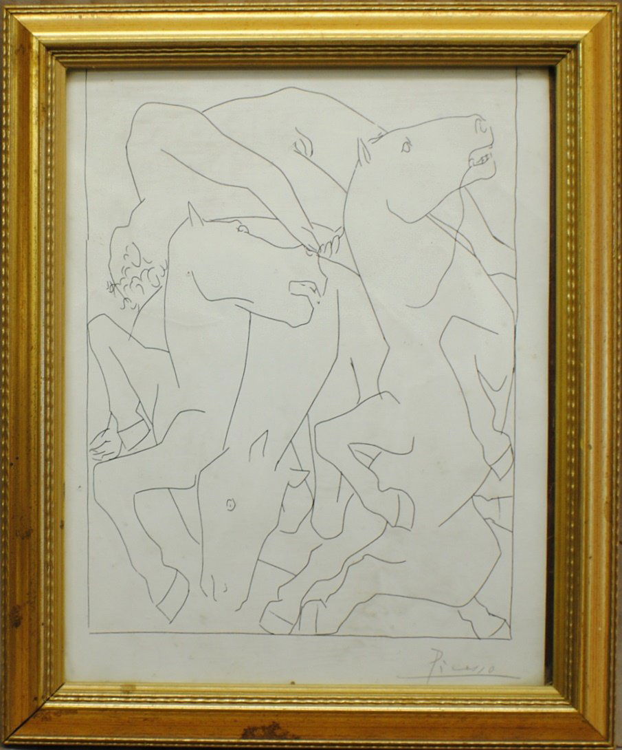 Pablo Picasso (1881 – 1973) pen and ink “Two Studi: Pablo Picasso pen and ink on paper, two sides. 9 ½” x 7 ½”, frame 11 ½” x 9 ½”. The face “Nude on Horses”, signed in pencil lower right. The back “Dance” is damaged with two small