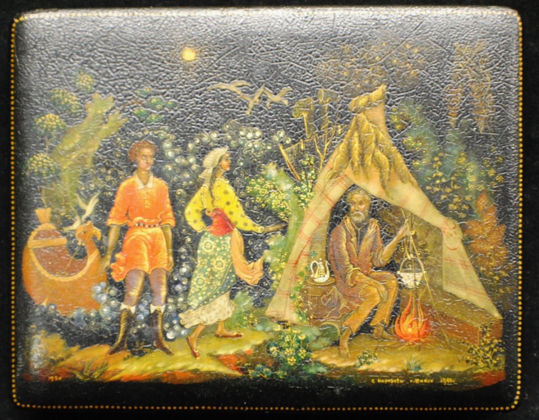 1946 Russian Palekh lacquered miniature box, signed: 1946 Russian Palekh lacquered miniature box, signed V. Morozova in Cyrillic and dated 1946 lower right. 5” x 4” x 1.1/8”. Bought at A LA VIEILLE RUSSE, New York