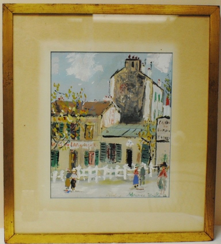 Maurice Utrillo (French, 1883 - 1955) “Le Cabaret Du La: Maurice Utrillo (French, 1883 - 1955) “Le Cabaret Du Lapin Agile” lithograph with hand painting 11 ¾” x 9 ¾”, frame 19 ¼” x 17 ¼”, signed in plate lower right