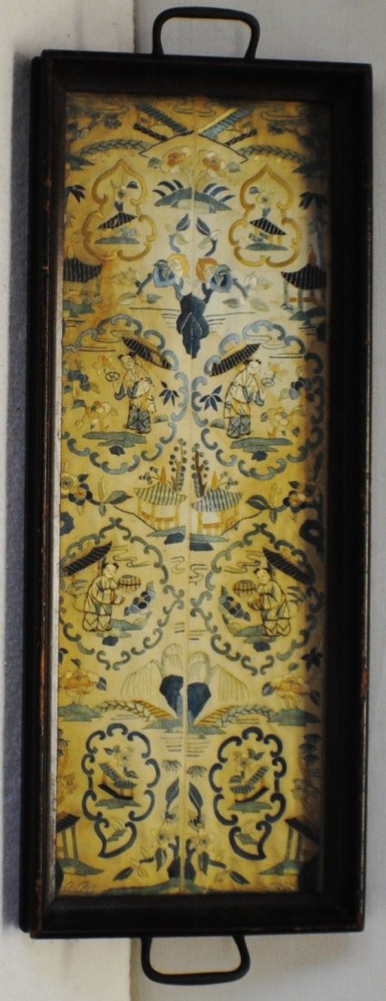 Wooden tray with Early Chinese needlepoint: Wooden tray with Early Chinese needlepoint. Image 19” x 6 ½”, overall size including handles 23” x 8”.