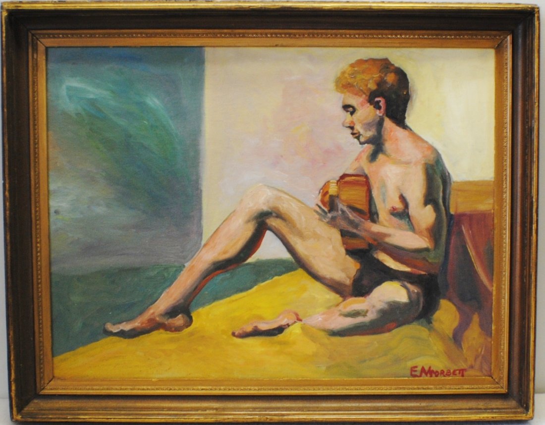 Edward M. Corbett (1916 - 1971) “Music Lesson”: Edward M. Corbett (1916 - 1971) “Music Lesson” oil on board 20 ¾” x 28”, frame 26’ x33”, signed lower right.