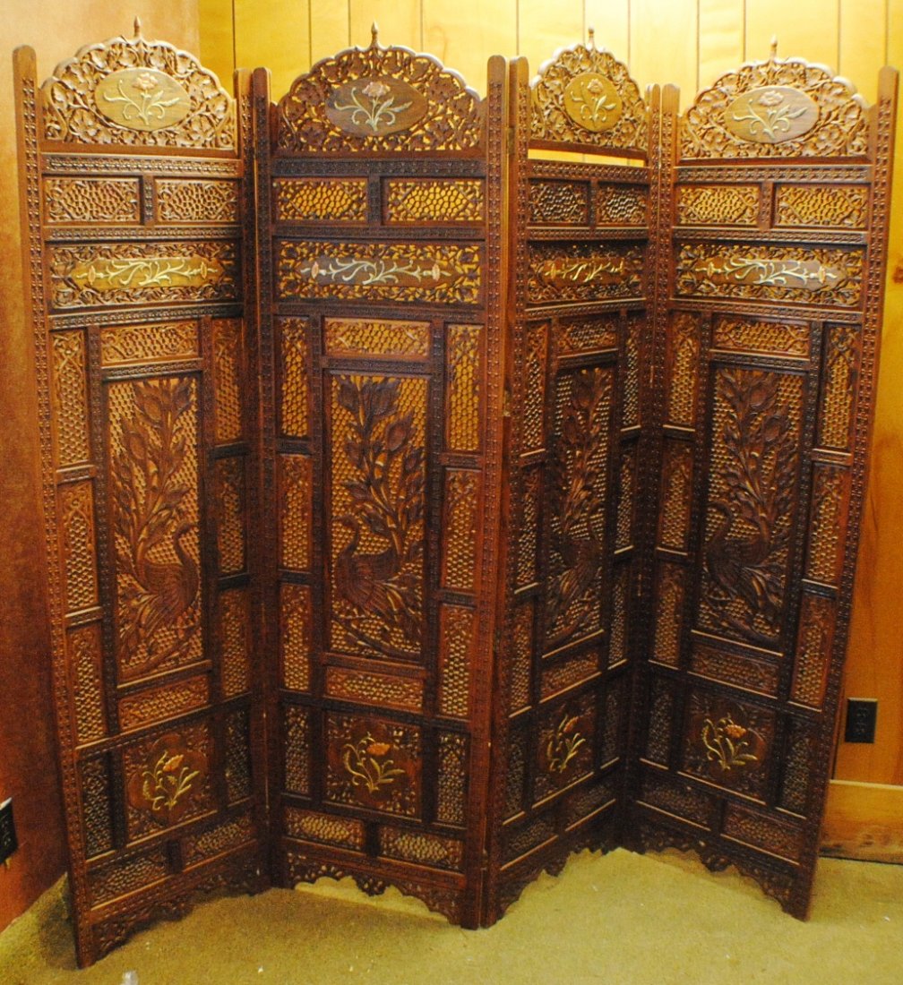 Chinese carved wood and brass 4 section screen: Chinese carved wood and brass 4 section screen 74’ tall, 80” wide