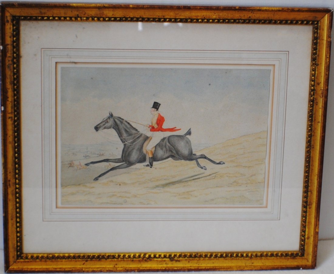 Henry Alken (1785 – 1851) “Full gallop with jockey up”: Henry Alken (England, 1785 – 1851) “Full gallop with jockey up” watercolor and pencil on paper 8” x 12’, frame 15 ¾” x 18 ¾”, matted, under glass. Not signed, inscribed on the back, ci