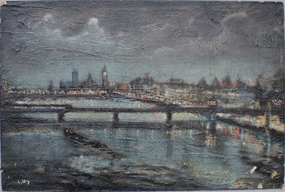 Lesser Ury (German, 1861 – 1931) “London at Night”: Lesser Ury (German, 1861 – 1931, school of) “London at Night” oil on board 12” x 18”, not framed. Signed lower left