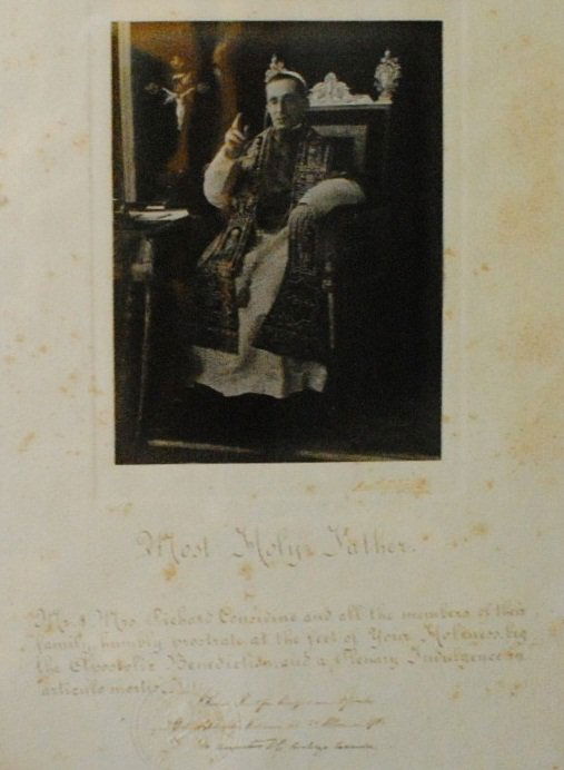 1916 Pope Benedict XV Document with photo: 1916 Pope Benedict XV Document with photo and hand written inscription titled “Most Holy Farther”. Frame size 25 1/2” x 19”. Embossed seal and mark