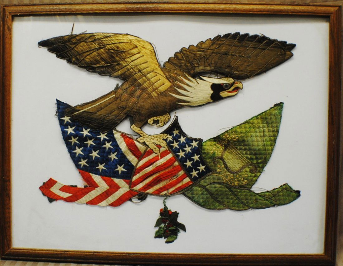 Late 1700’s – Early 1800’s US Patriotic Needlework with: Late 1700’s – Early 1800’s US Patriotic Needlework with Eagle and Flag. Framed, the frame size 19 ½” x 25”, eagle 13” x 19”
