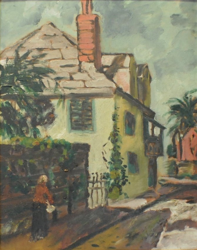 “Old Florida Street” oil on board: “Old Florida Street” oil on board 20’ x 16”, frame 24” x 20”. Not signed, inscribed on the back “Brener WPA”