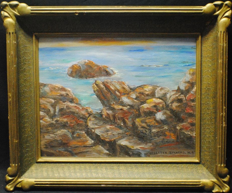 William Lester Stevens (1888 – 1969 “Rocky Shore Line”: William Lester Stevens (1888 – 1969 “Rocky Shore Line” oil on board 14” x 18”? frame 21” x 25”