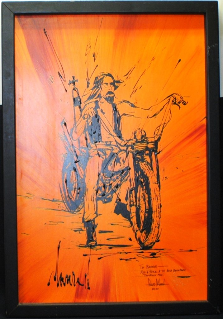 David Mann (1949 – 2004) “The Biker”: David Mann (1949 – 2004) “The Biker” Acrylic on Masonite 36” x 24”, frame 38 ½”x 26 ½”, signed and inscribed