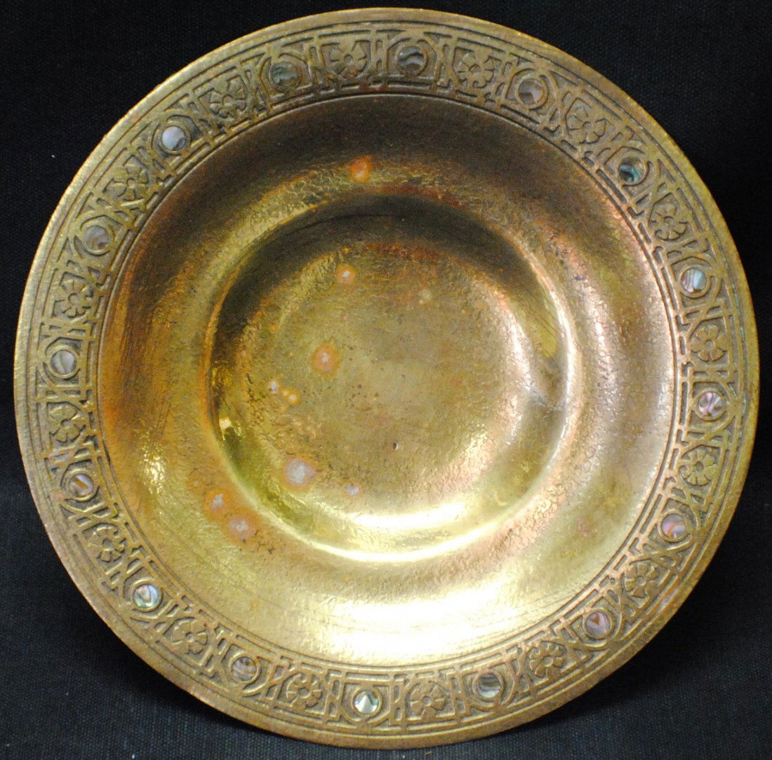 Tiffany Studios bronze plate with inlaid abalone decora: Tiffany Studios bronze plate with inlaid abalone decoration, 9” diameter, marked