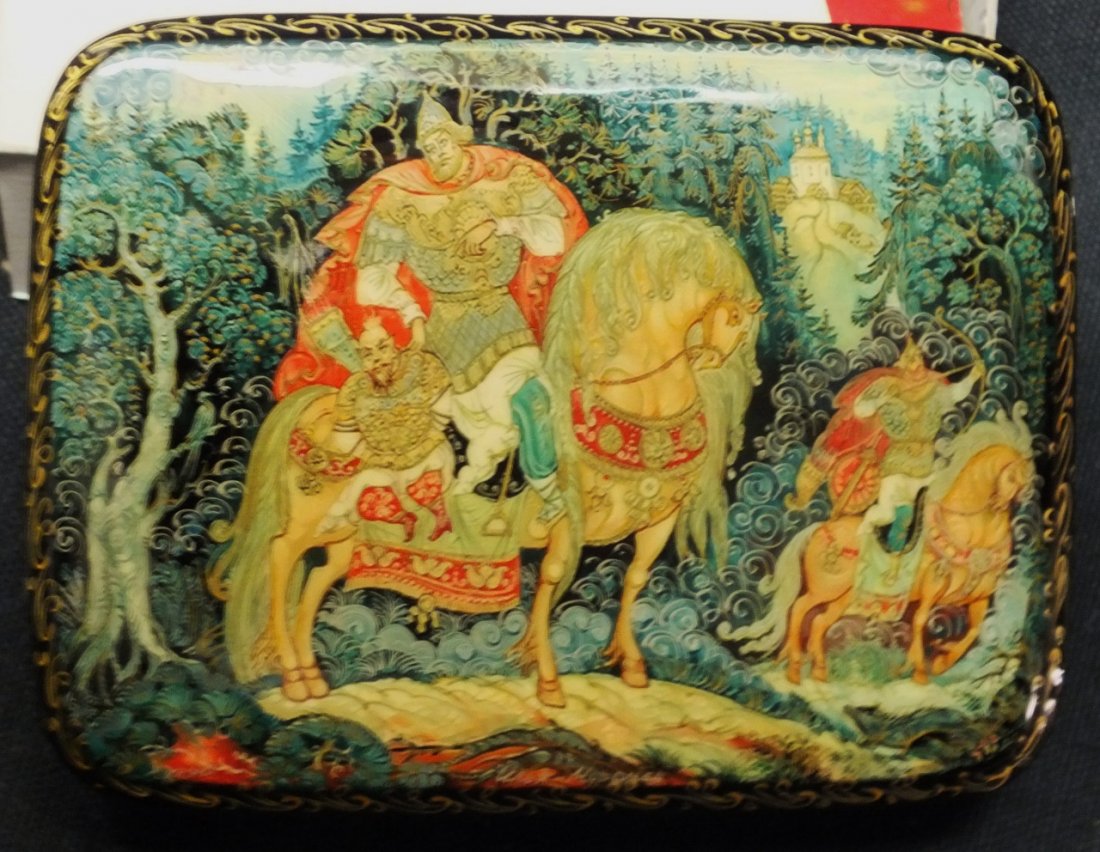 Russian lacquer box Ilia Muromets: Russian lacquer box Ilia Muromets 5” x 3 ¾” x 1 1/8”. Inscribed and signed in Cyrillic