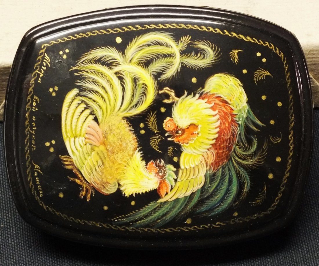 Russian Mstera lacquer box “Rooster Fighting”: Russian Mstera lacquer box “Rooster Fighting” 3 3/4” x 4 ¾” x 1”. Inscribed and signed in Cyrillic