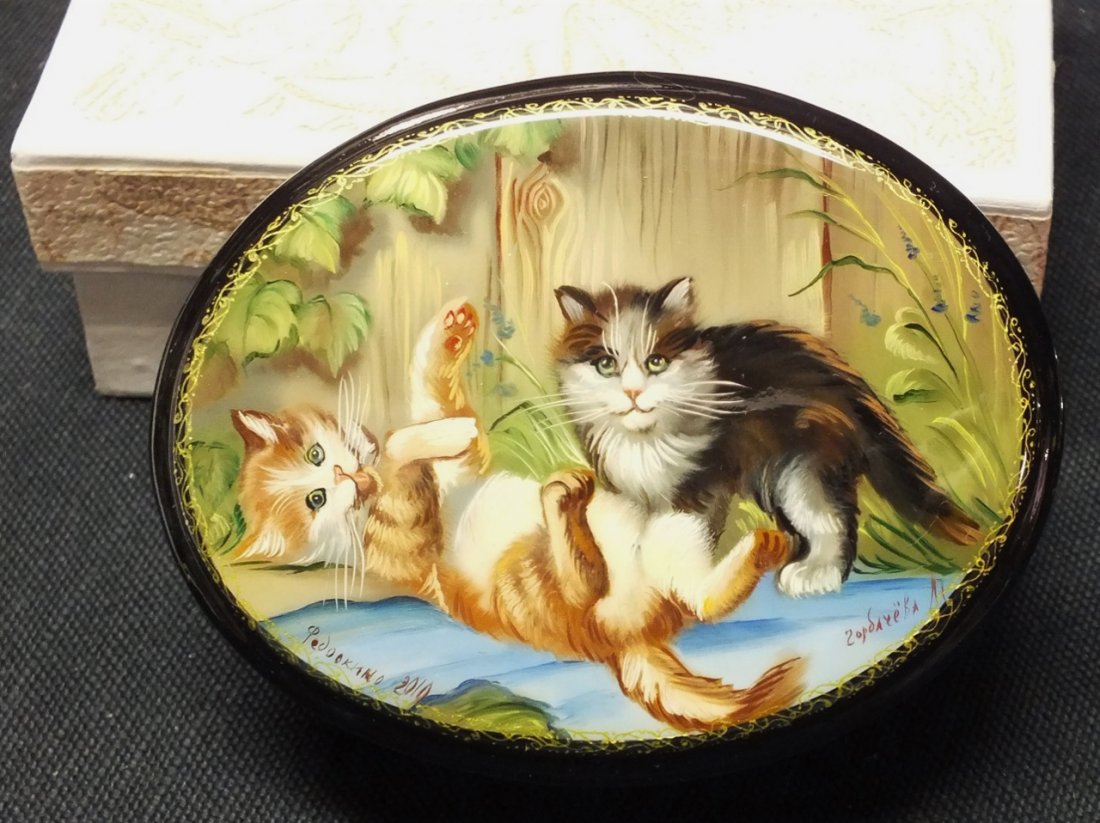 Russian Fedoskino lacquer box “Two Kittens”: Russian Fedoskino lacquer box “Two Kittens” 3 ¾” x 3”x 1 1/8”. Inscribed and signed in Cyrillic M. Gorbacheva