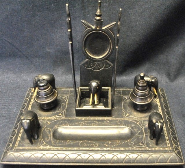 Ebony desk set with ivory accents: Ebony desk set with ivory accents 6 1/2" high, base 10 1/4" x 7"