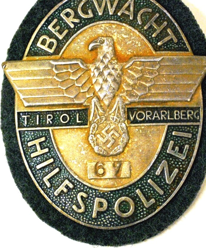 German Nazi Tirol's Hilfspolizei shield: German Nazi Tirol's Hilfspolizei shield. Age and authenticity unknown