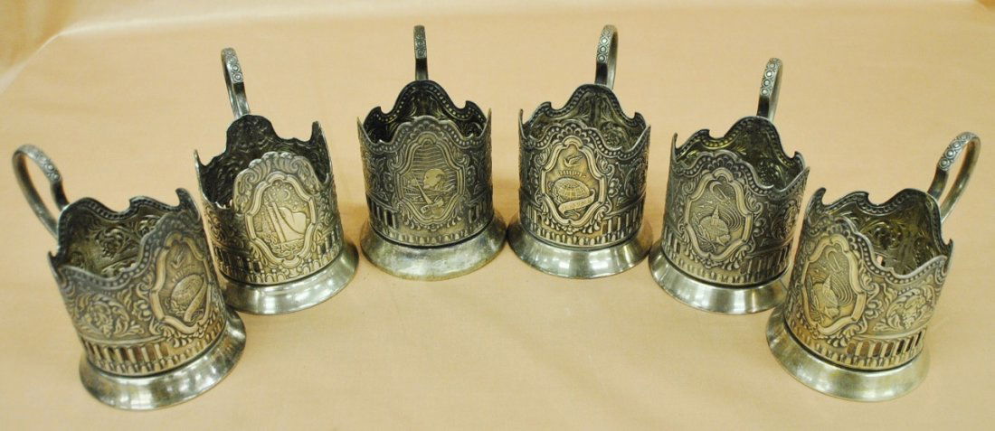Lot of 6 Russian underglasses: Lot of 6 Russian underglasses 5" tall, 3 1/2" diameter. Marked in CyrillicGerman silver.