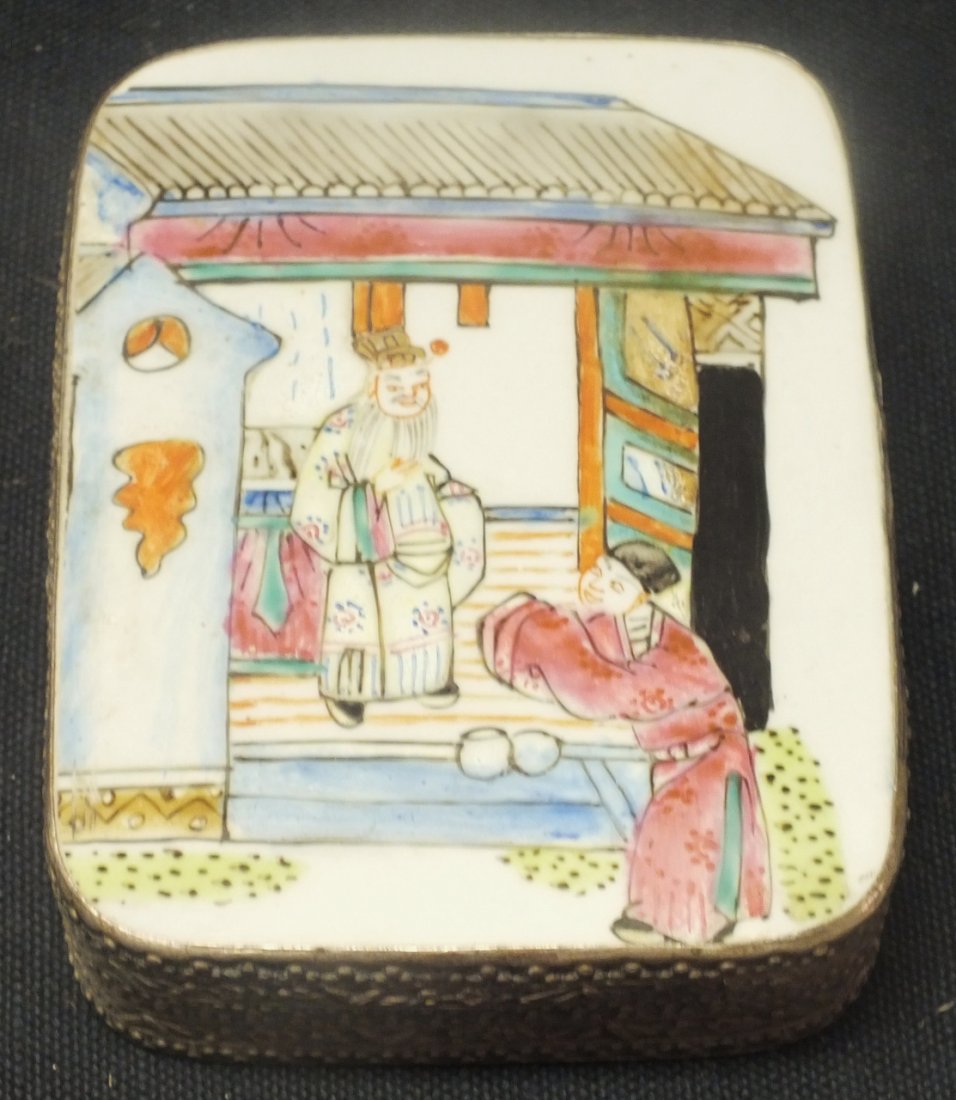 Chinese metal box with porcelain top from old vessel: Chinese metal box with porcelain top from old vessel. 4 3/4" x 3 1/2" x 1 1/4", not marked