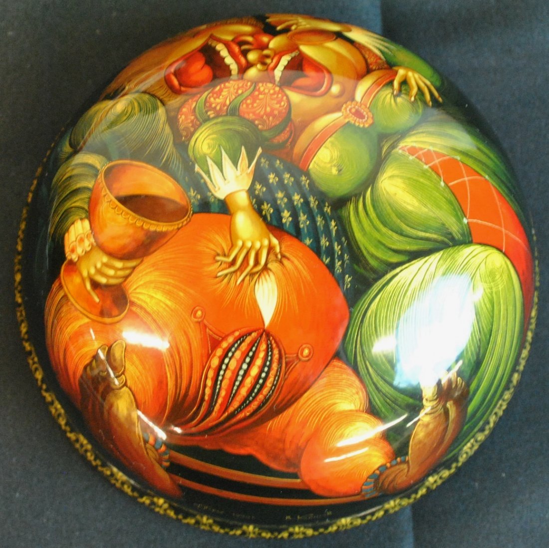 Russian Palekh laquer box, artist V. Kurilov: Russian Palekh laquer box 8" x 5 3/4" x 2". Inscribed, signed V. Kurilov in Cyrilic, dated 1999. Original box and price tag