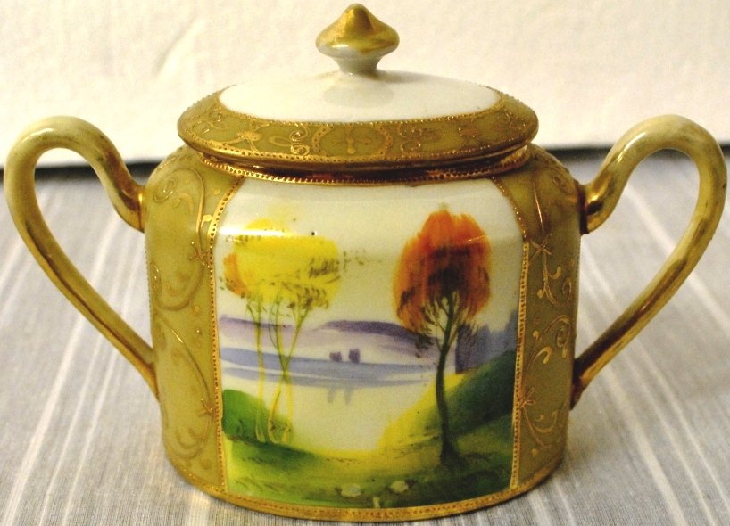 Nippon sugar bowl: Nippon sugar bowl 4 1/2" x 6 1/2" x 3". Hand painted, not marked.