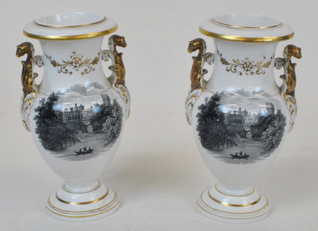 Pair of 1830's Liverpool Creamware mantel vases: Pair of 1830's Liverpool Creamware mantel vases 7 1/2" tall. Depict Windsor Castle and Warwick Castle. With provevance, Skinner Auction description