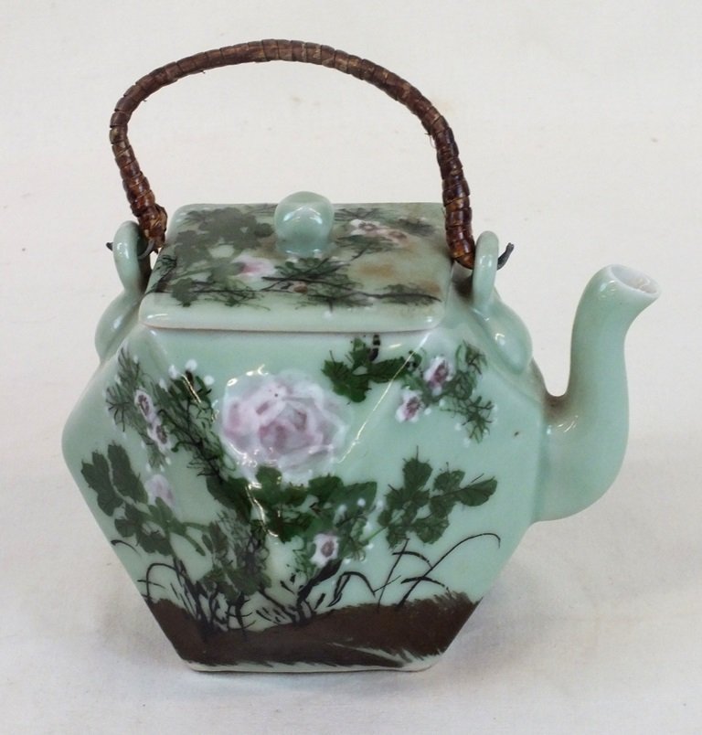 Japanese celadon seto tea pot: Japanese celadon seto tea pot with raised design, 5 1/2' TALL, 7 1/2" wide. Meiji period