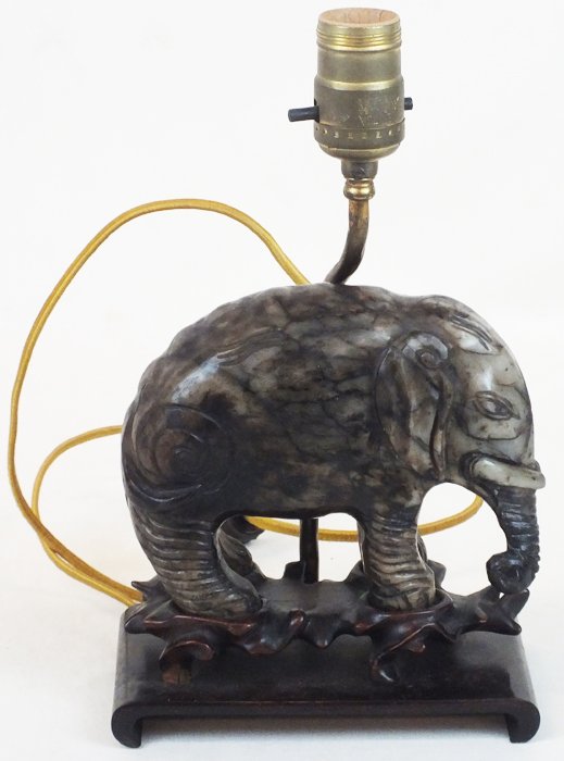 Chinese table lamp with carved stone elephant: Chinese table lamp with carved stone elephant 7 1/2" tall, 6 1/2" x 3 3/4" projection, not marked.