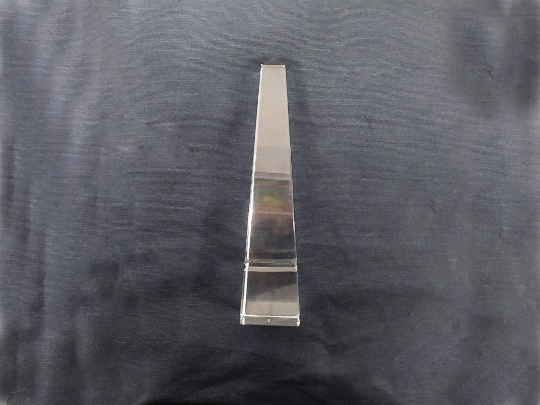Tiffany Crystal glass obelisk: Tiffany Crystal glass obelisk. 9 1/4" x 2" x 2", weight 1.9 lb. Marked on the bottom