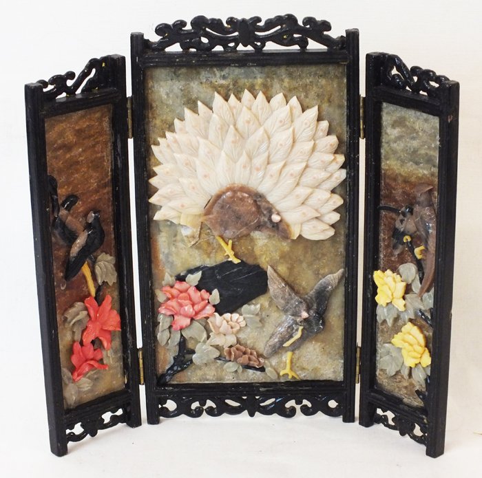 Chinese 3 panel screen with carved stones: Chinese 3 panel screen with carved stones 10 3'4" tall, 11"wide, weight 1.6 lb