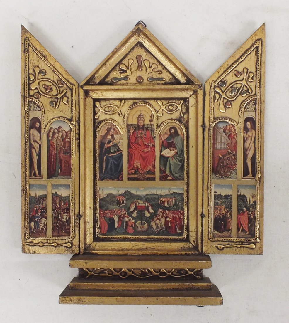 Catholic Altar Icon: Catholic Altar Icon 11" tall, 9 1/2' wide, weight 11 oz. Carved wood with lithographic images with gold hand overpainting. Provenance in French on the back. Circa early 1900's.