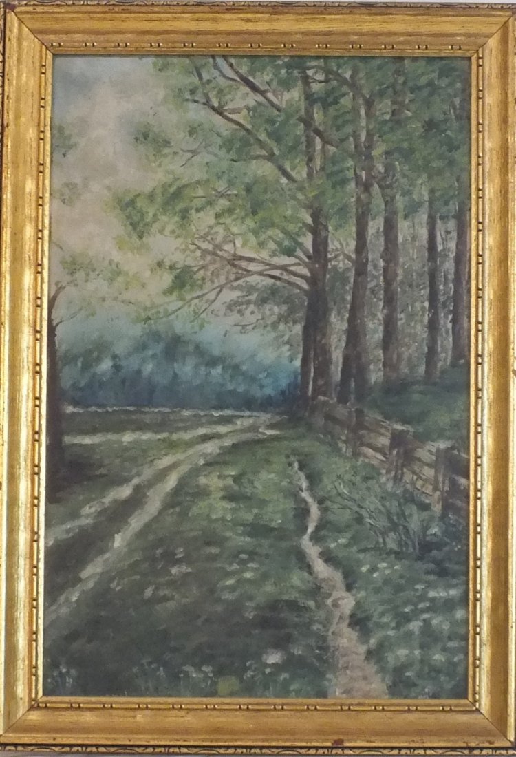Hudson river school "The Village Path": Hudson river school "The Village Path" oil on board 18" x 12", frame 20 1/2" x 14 1/2". Not signed or identified. F.W. Devoe @ Co. label on the back. Circa late 1800's.