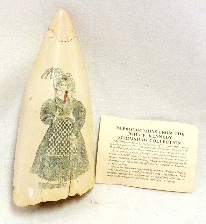 Scrimshaw tooth replicas from J.F> kennedy collection: Scrimshaw tooth replicas from J.F> kennedy collection. 8" x 3 1/2" x 2 3/4". With provenance.