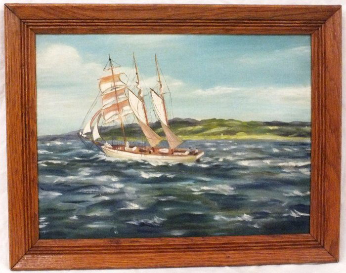 Albert Ernest Backus (1906 - 1990) "Coastal Scene with: Albert Ernest Backus (1906 - 1990) "Coastal Scene with Yacht" 12" x 16", frame 15" x 19"/ Not signed, inscribed on the back. Circa mid 1900's. Provenance: Massachusetts private collection. Sold as "Sc