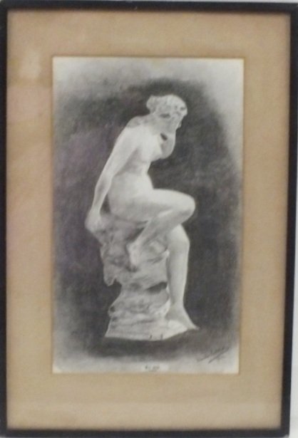 "Echo" 1919 charcoal, signed illegibly: "Echo" 1919 charcoal 13 1/4" x 8", frame 18 1/2" x 12 1/2". Inscribed, dated and signed illegibly.