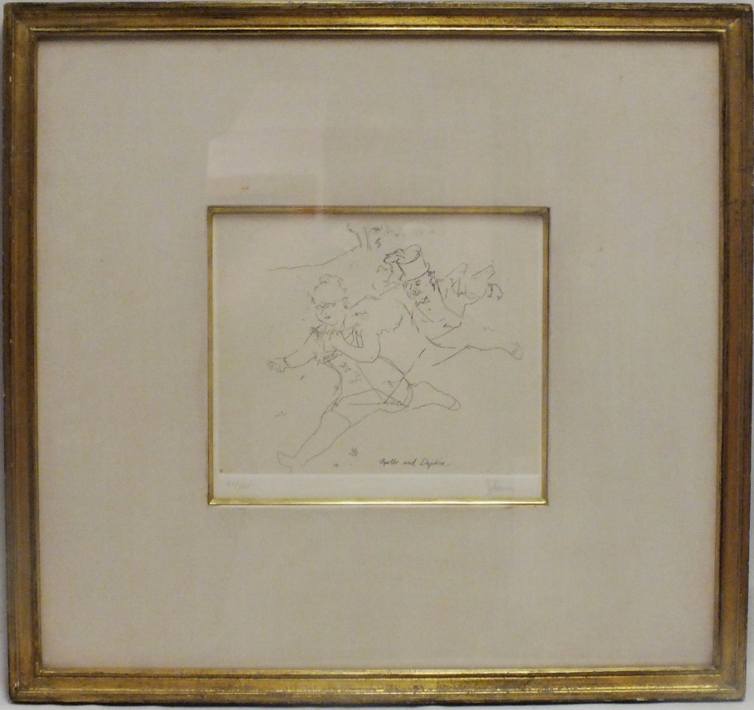 Jack Levine "Apollo and Daphne": Jack Levine "Apollo and Daphne" etching 10" x 8 3/4",frame 22 3/4" x 21 1/2", weight 6.6 Lb, under glass. Signed lower right, numbered 51/100.
