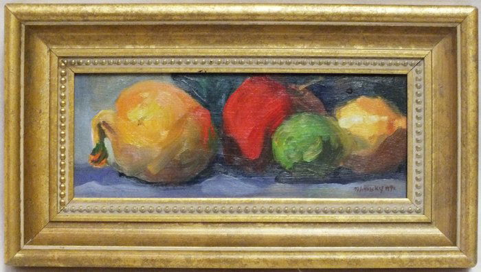 Theodore Tihansky (Contemporary) "Still Life": Theodore Tihansky (Contemporary) "Still Life" oil on board 3" x 7 1/2", frame 6" x 10 1/4", weight 12 oz. Signed and dated 1992 lower right. Gallery label on the back.