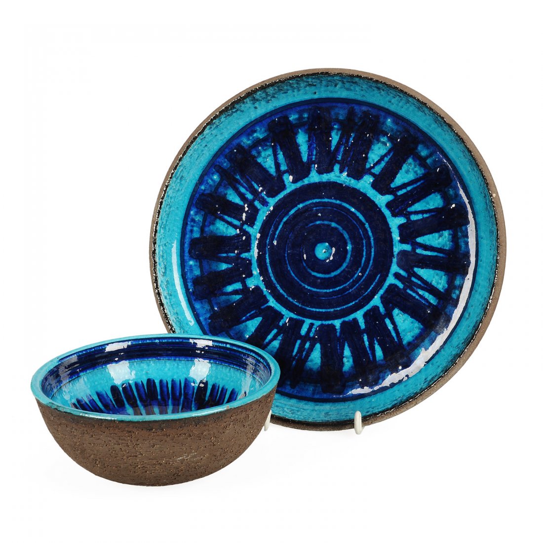 SKÅL & FAT, keramik, retro 1960-tal, INGER PERSSON för: Blåturkost mönster mot lerbotten. Signerade. Bruksslitage, repor. Fatets diameter 29.5, skål höjd 7.5, diameter 18 cm.