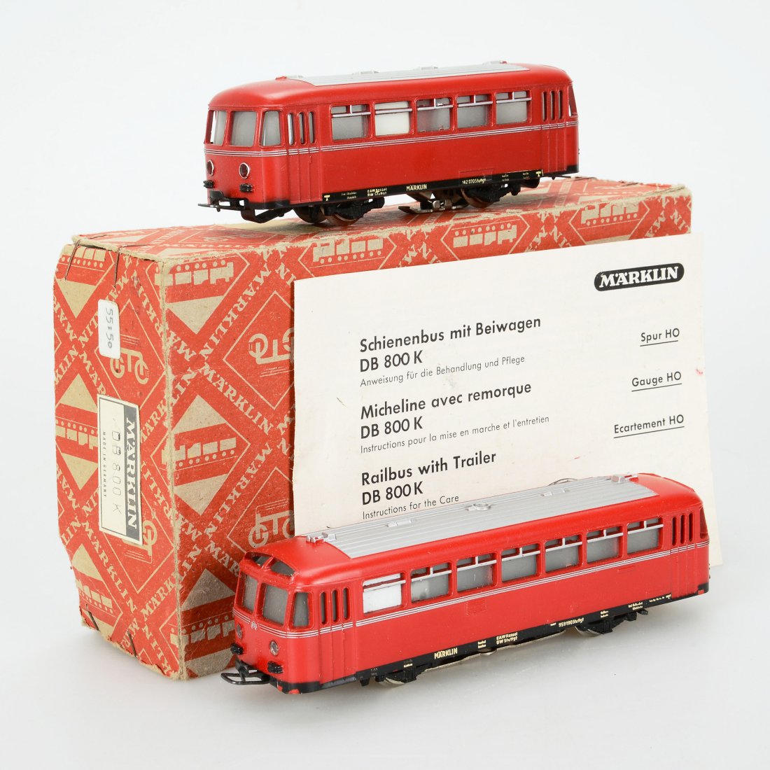 RÄLSBUSS med VAGN, 3016/DB800K, Märklin, H0: Schienenbus mit Beiwagen. Till synes gott skick, smärre färgbortfall. Med röd kartong, instruktion och etikett. Marklin/Maerklin (111)