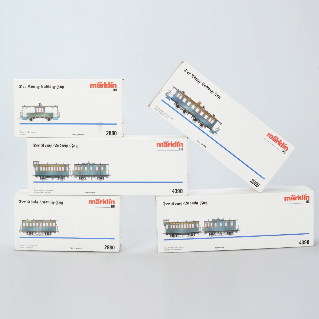 VAGNAR, 5 kartonger, Märklin, H0: "Der König Ludwig". 4398, 4398, 2880, 2880 och 2880. Med kartonger. Ej genomgångna. Marklin/Maerklin (470)
