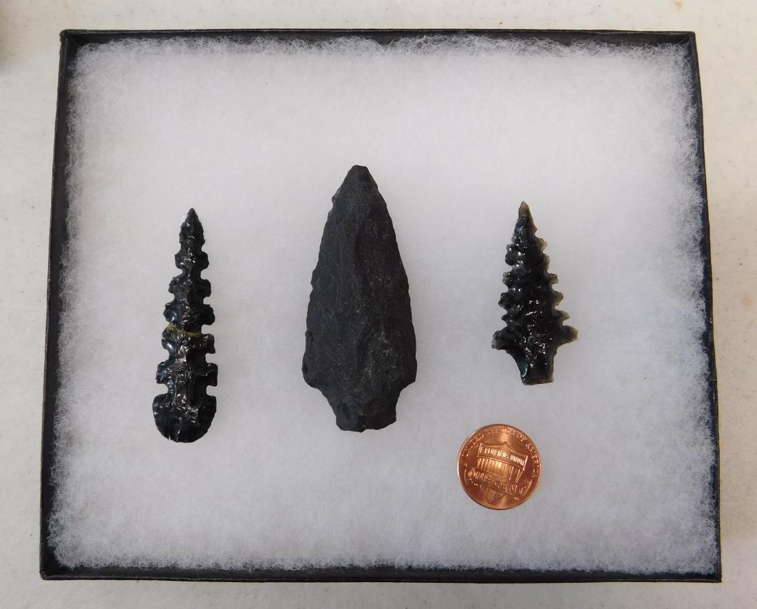 San Joaquin County Artifacts: San Joaquin County Artifacts, pre-historic items. Made of obsidian, the items measure from 1.75" to 2.5" long. Stockton, CA. Ex-Frank F. Latta collection, California Native American historian and coll