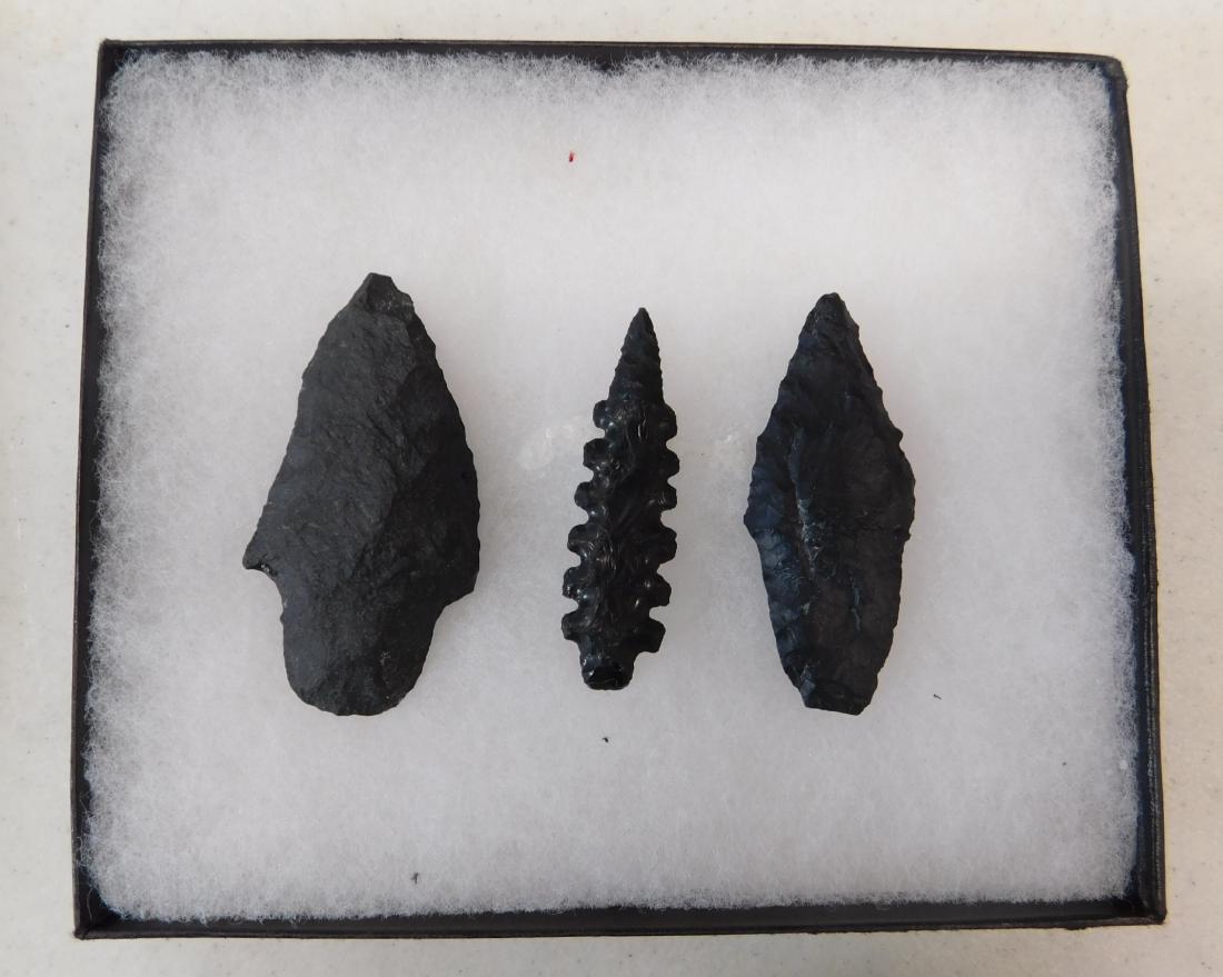 San Joaquin County Artifacts: San Joaquin County Artifacts, pre-historic items. Made of obsidian, the items measure from 2.25" to 2.5" long. Stockton, CA. Ex-Frank F. Latta collection, California Native American historian and coll