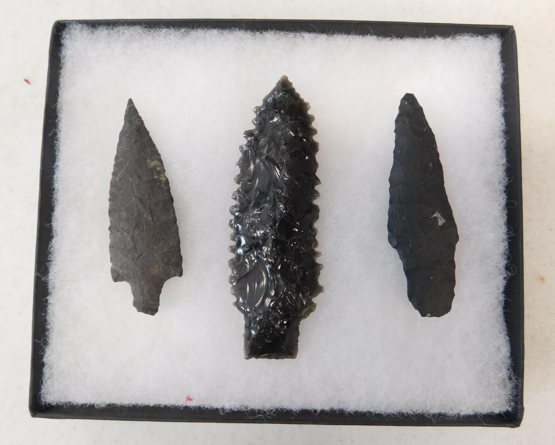San Joaquin County Artifacts: San Joaquin County Artifacts, pre-historic items. Made of obsidian, the items measure from 2.75" to 3.5" long. Stockton, CA. Ex-Frank F. Latta collection, California Native American historian and coll