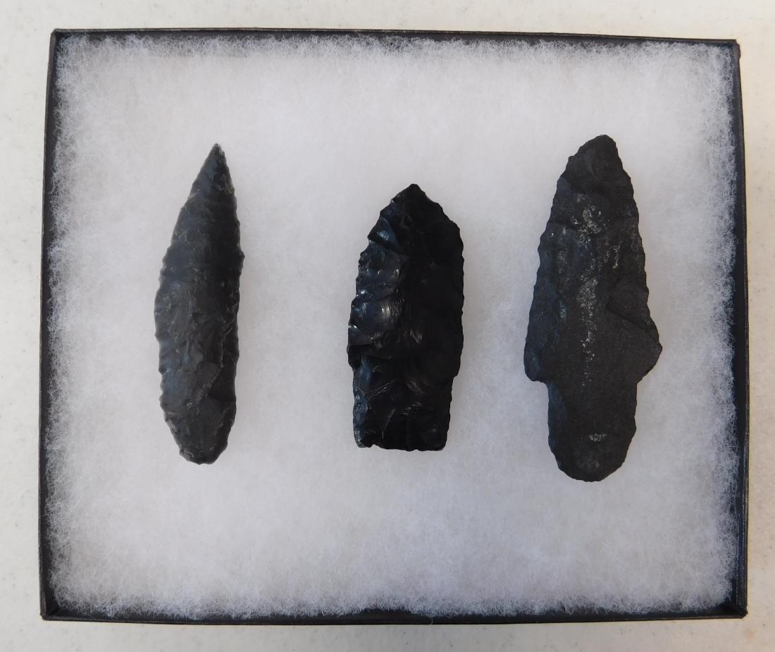 San Joaquin County Artifacts: San Joaquin County Artifacts, pre-historic items. Made of obsidian, the items measure from 2.25" to 3" long. Stockton, CA. Ex-Frank F. Latta collection, California Native American historian and collec
