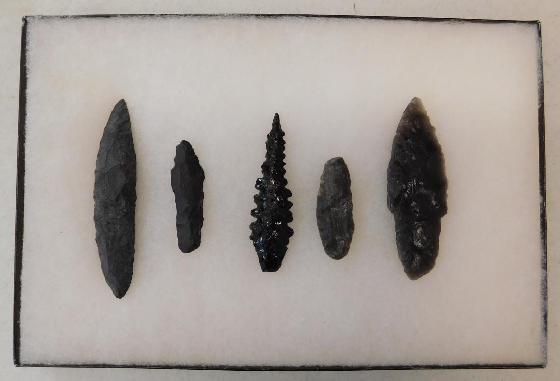 San Joaquin County Artifacts: San Joaquin County Artifacts, pre-historic items. Made of obsidian, the items measure from 2.25" to 4.5" long. Stockton, CA. Ex-Frank F. Latta collection, California Native American historian and coll
