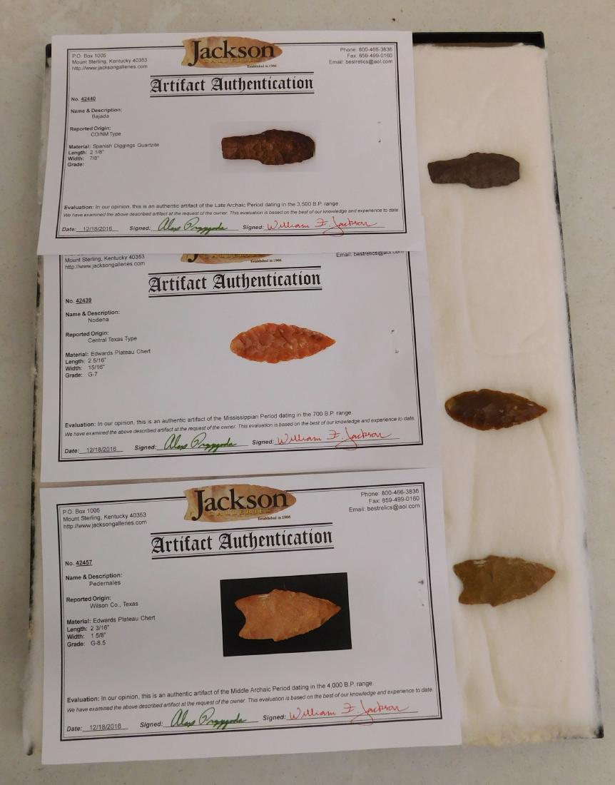 Frame of Texas Flint w/Jackson COAs: Frame of Texas Flint w/Jackson COAs, pre-historic items. Made of quartzite and chert, the items measure 2 1/8" x 7/8", 2 5/16" x 15/16", and 2 3/16" x 1 5/8". Central Texas and New Mexico. Jackson Cer
