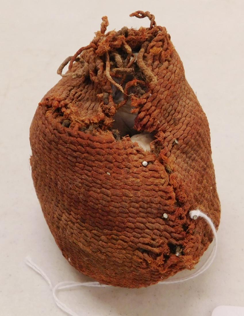Hohokam Basketry Bag: Hohokam Basketry Bag, circa 1000 years old. Made of cotton and yucca, the item measures 4" x 3" x 4". Hohokam, Arizona. This rare item was found in a cave near Tucson, Arizona on private land in the 1